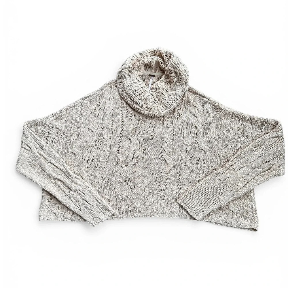 Free People Cowl Neck Cable Knit Sweater Womens Large‎ Beige Excellent Oversized